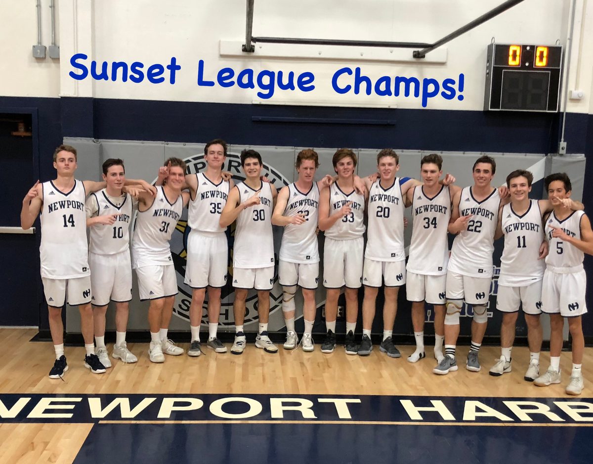 Newport Harbor boys basketball celebrates the 2018 Sunset League title.