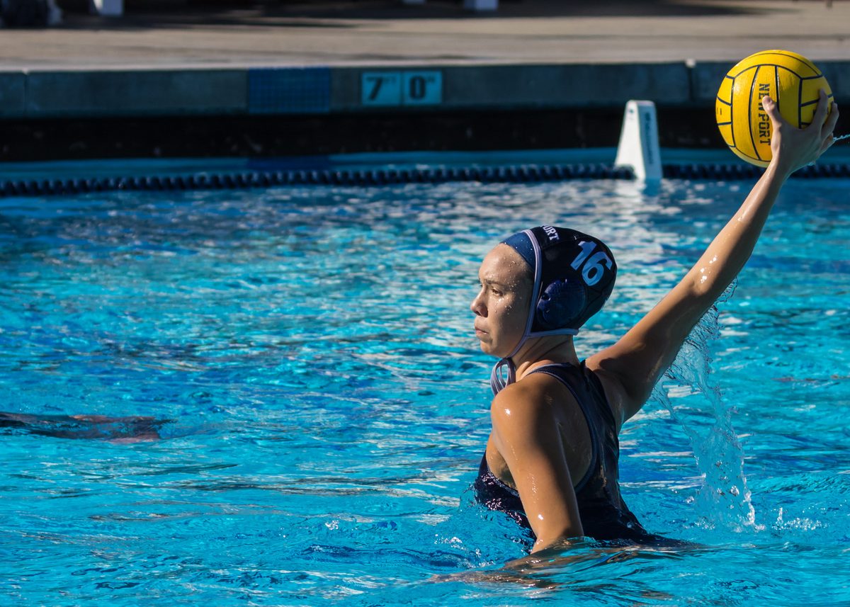 Newport Harbor player preparing a water polo throw.